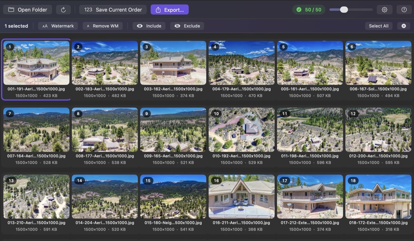 galleRE showing a grid of numbered real-estate photos with the MLS count pill and bulk-action bar